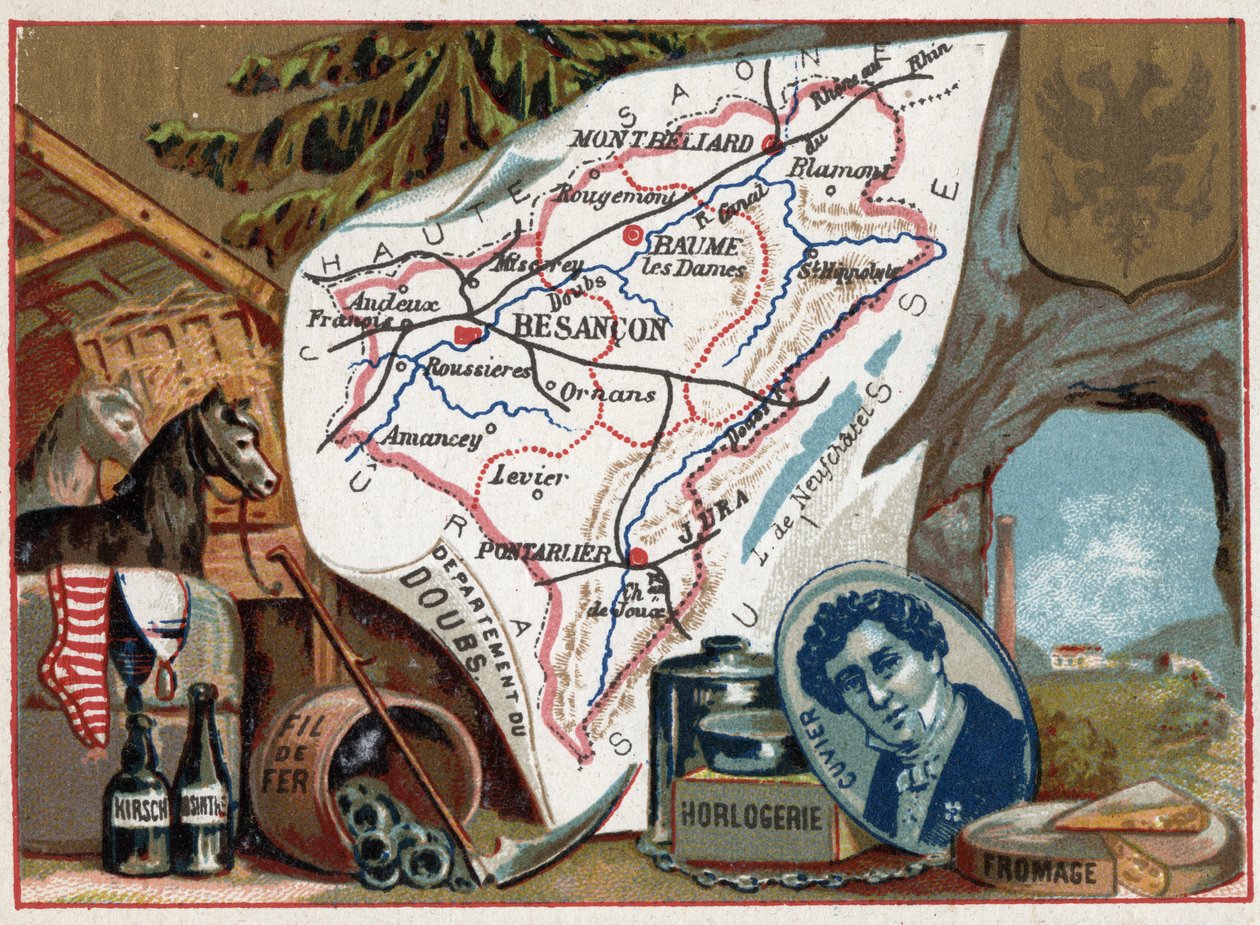 Le Doubs (25), Franche Comte (Franche-Comte), Frankrig. Portræt af Georges Cuvier (1764-1832), fransk palæontolog. Lokal specialitet: kirsch, malurt, urmageri, tråd og landbrug. Serie om de franske departementer. Chromolithography (Chromo) "" den af French School
