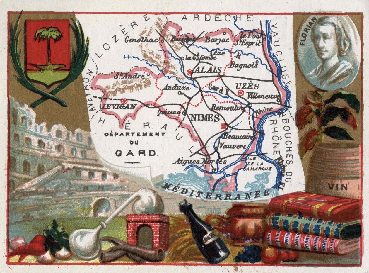 Le Gard (30), Languedoc-Roussillon (Languedoc Roussillon), Frankrig - Lokal specialitet: eau de vie (destillationsapparat) og vin - Portræt af Jean-Pierre-Claris (Jean Pierre Claris) de Florian (1755-1794) - Serie på de franske departementer - Chromoli af French School