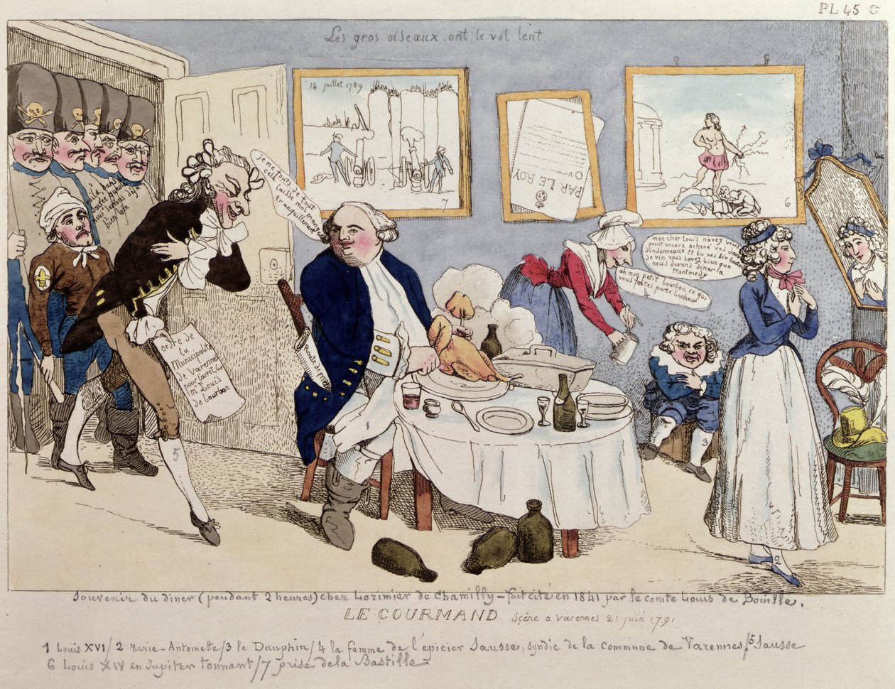 Le Gourmand, karikatur af Ludvig XVI (1754-93) og den franske kongefamilie i det øjeblik, de blev arresteret i Varennes den 21. juni 1791 af French School