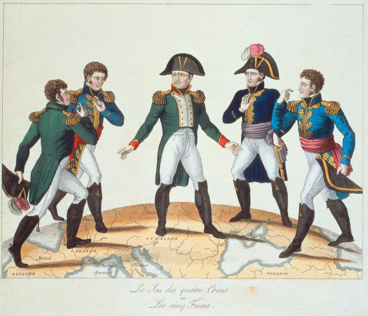 The Game of Four Coins eller The Five Brothers, bonapartistisk tegneserie af Napoleon og hans brødre, 1808 af French School
