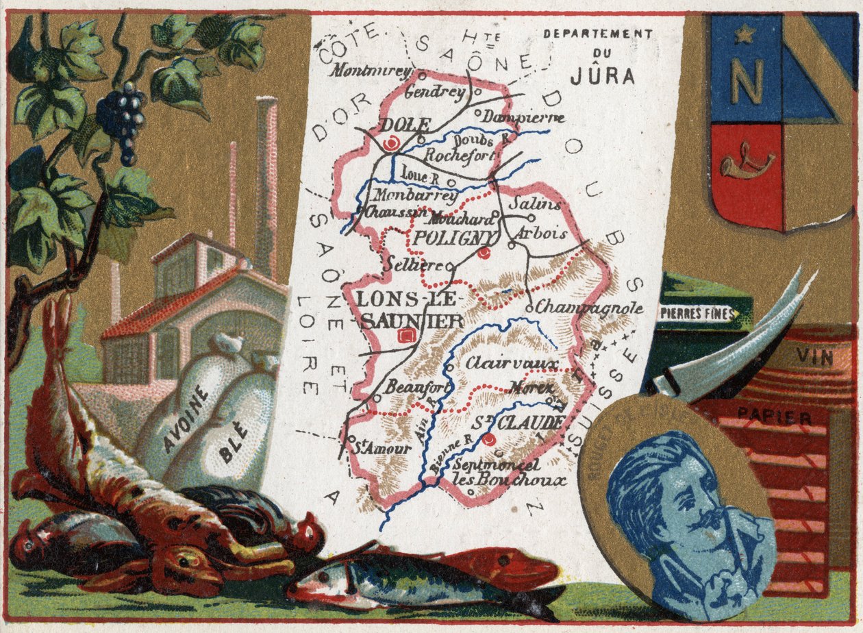 Le Jura (39), Franche Comte (Franche-Comte), Frankrig. Lokal specialitet: jagt, havre, hvede, fine sten, vin og papir. Portræt af Rouget de L