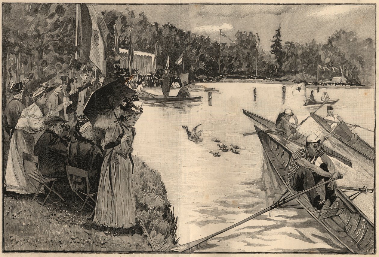 Le Lendit de Paris: skoleregater ved den store lac du bois de Boulogne - Indgravering fra 1894 efter tegning af hr. Lunel af French School