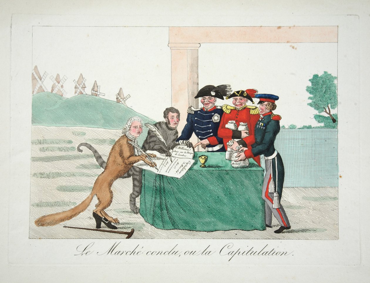 Le Marche afsluttede, eller Capitulation, pub. 1814 (håndfarvet gravering) af French School