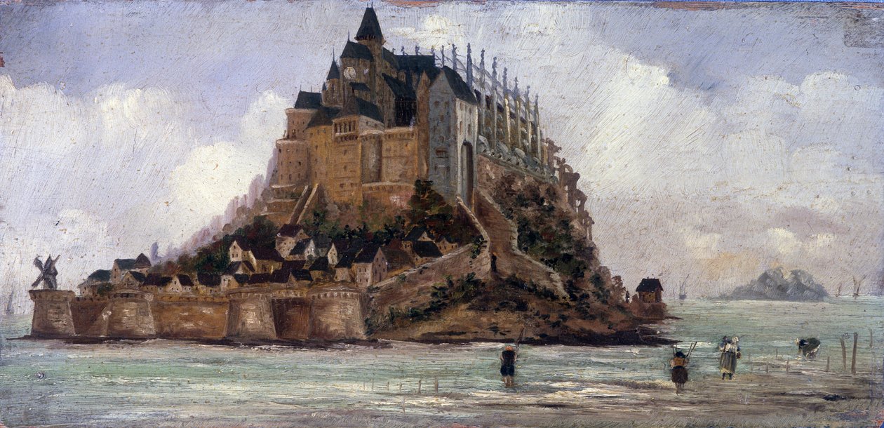 Le Mont Saint-Michel en lav hoppe - olie på panel, anonym af French School
