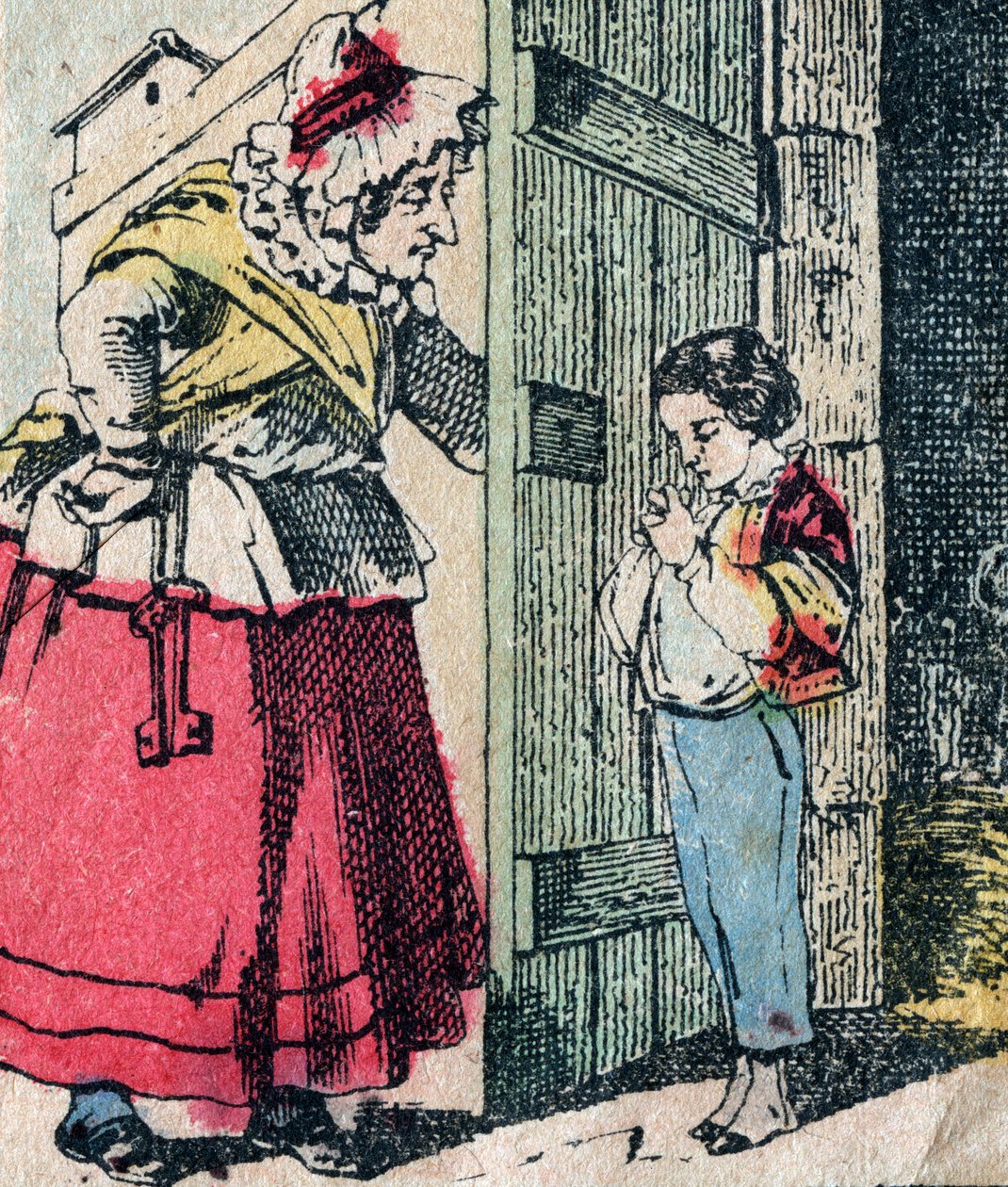 Le Pere Fouettard, fransk karakter for den piskede far, legendarisk folklorefigur, der straffer de frække børn: hans kone, La Mere Fouettard, den piskede mor, der føder angrede børn - Epinalt billede af French School