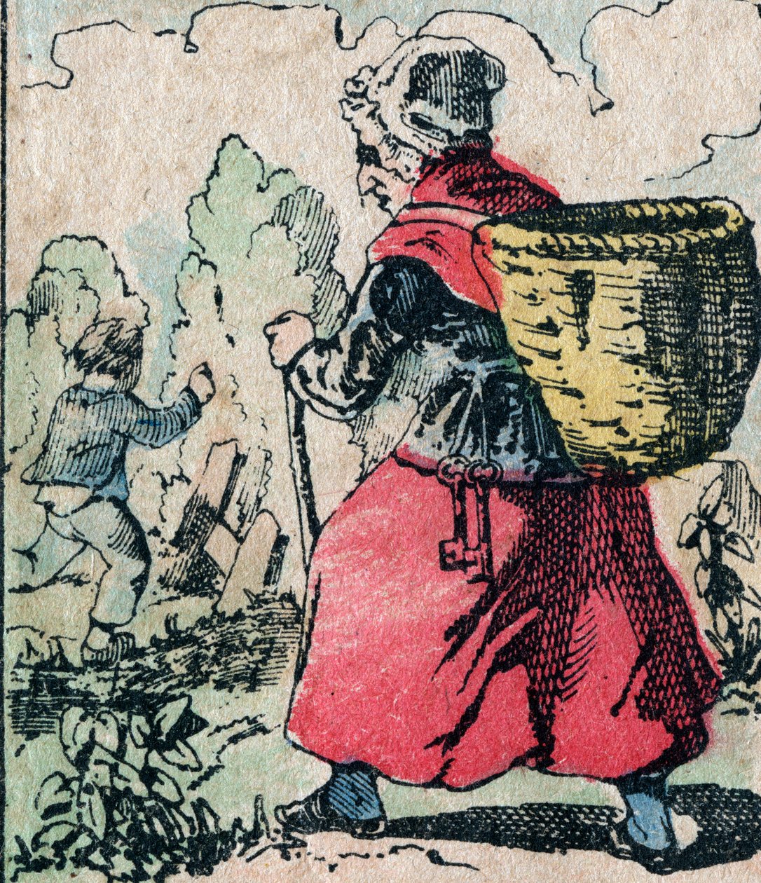 Le Pere Fouettard, fransk karakter for den piskede far, legendarisk folklorefigur, der straffer de frække børn: hans kone, La Mere Fouettard, den piskede mor, der forfølger børnene, der springer skolen - Epinalt billede af French School