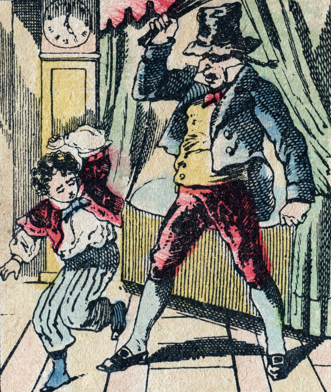 Le Pere Fouettards legendariske folklorekarakter, der straffer ukloge børn med sin pisk og omslutter ulydige børn, billede af Epinal af French School