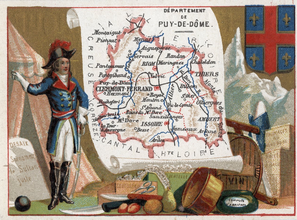 Le Puy Du Dome (Puy-Du-Dome, 63), Auvergne, Frankrig. Portræt af Louis Charles Antoine Desaix (1768-1800), bestik, vin, abrikoskompot. Serie om de franske departementer. Chromolithography (Chromo) "" den geografiske tråd"", ca. 1920. Privat samling af French School