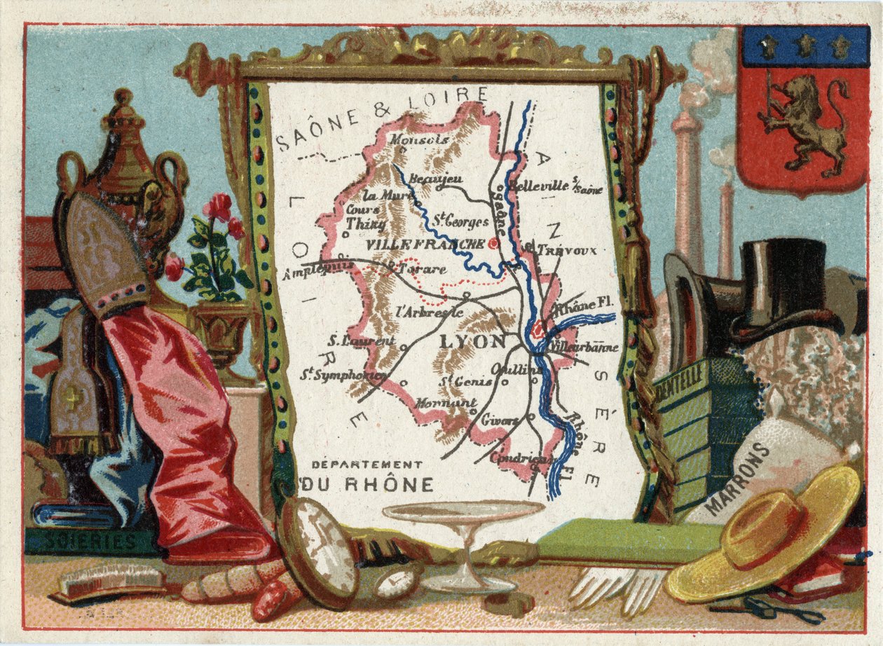Le Rhone (69), Rhone Alpes (Rhône-Alpes), Frankrig. Lokal specialitet: silke, brun, blonder. Serie om de franske departementer. Chromolithography (Chromo) "" den geografiske tråd"", ca. 1920. Privat samling. af French School