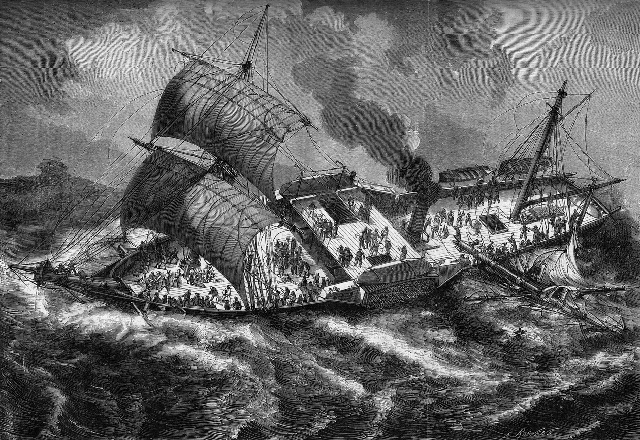 ""Vauban"", fransk slagskib, mister sin mast under en storm af French School