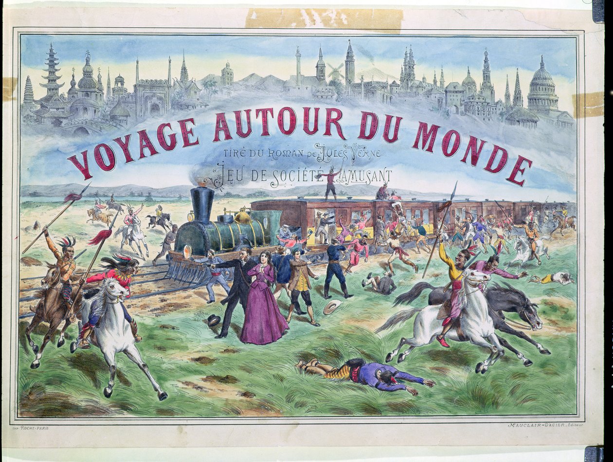 Le Voyage Autour du Monde, cover af en æske til et spil baseret på Around the World in 80 Days af Jules Verne (1828-1905) af French School