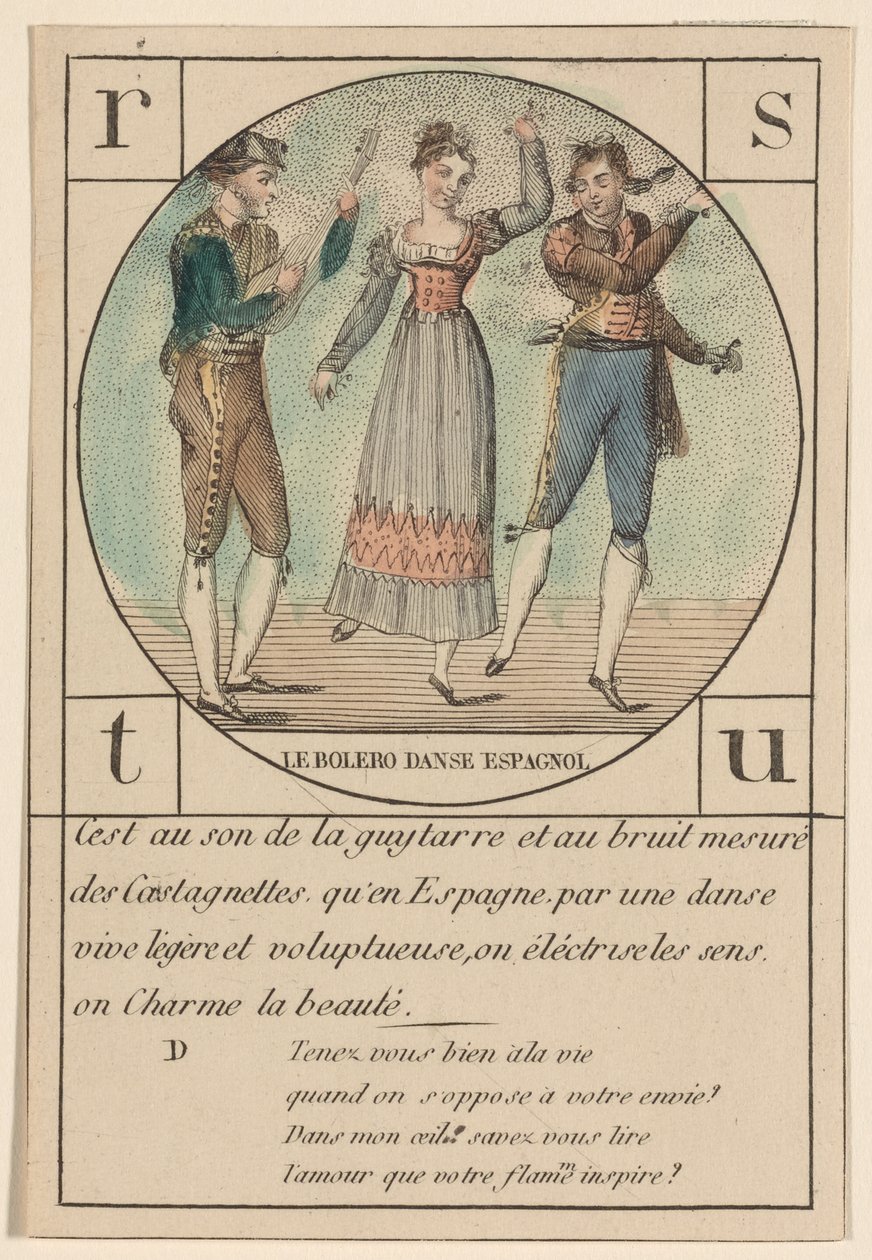 "The Bolero, Spanish Dance," fra en række alfabetkort, ca. 1810-19 af French School