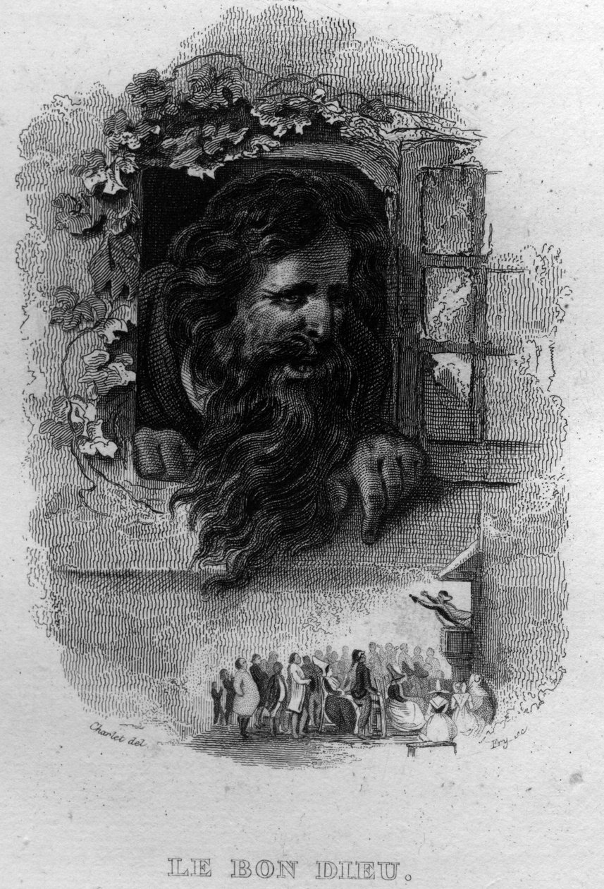 Den gode Gud Chanson de Beranger i ""Oeuvres completes"" (1834) af Pierre Jean de Beranger (1780-1857), fransk digter og sangskriver. af French School