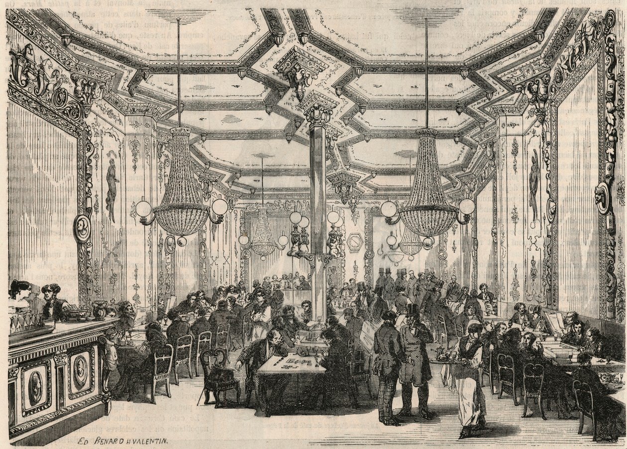 Le cafe Pierron i Paris i det 19. århundrede - Indgravering i "Tableau-de-Paris" af Edmond Texier 1852 af French School