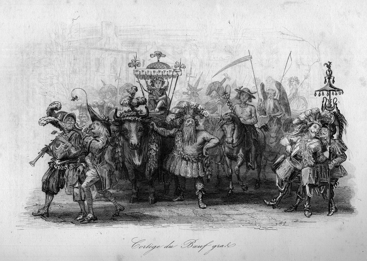 Le cortege du boeuf gras (“” Le carnival”” sang af Marc-Antoine Madeleine Desaugiers) i “” - CHANS og CHANS POPULES DE LA FRANCE - 1843 - H.- L. DELLOYE, udgiver, LIBRAIRIE DE GARNIER. af French School