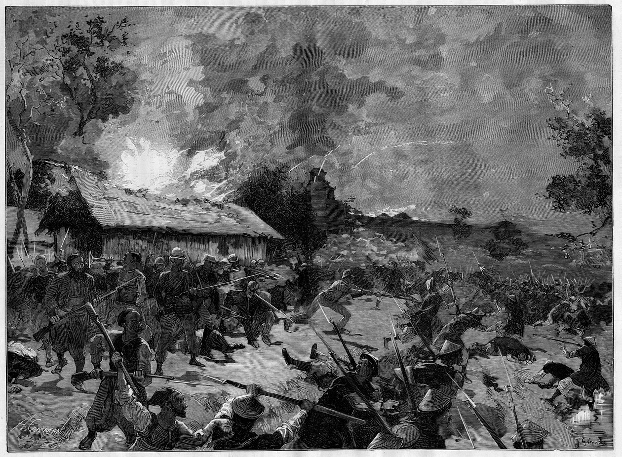 Bagholdet (guet apens) i Hue, 4.-5. juli, 1885: angreb fra en tonkinesisk hær (Viet-Nam) mod de franske tropper fra General de Courcy. Indgravering i ""The Illustrious World"" af French School