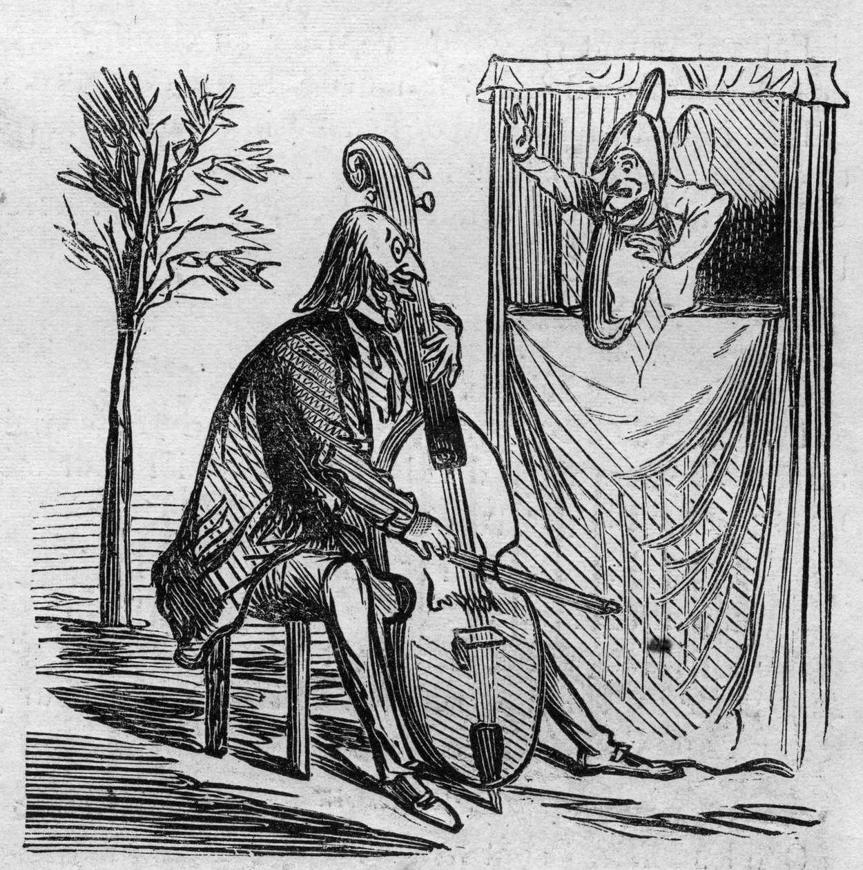 Maestro Offenbach monopoliserer med sin musik alle teatrene i Paris. Den tyske naturaliserede franske komponist Jacques Offenbach (1819-1880) spiller cello. Cham tegnefilm. Indgravering i ""Le Monde Illustre"" nr. 499 af 3. november 1866. af French School