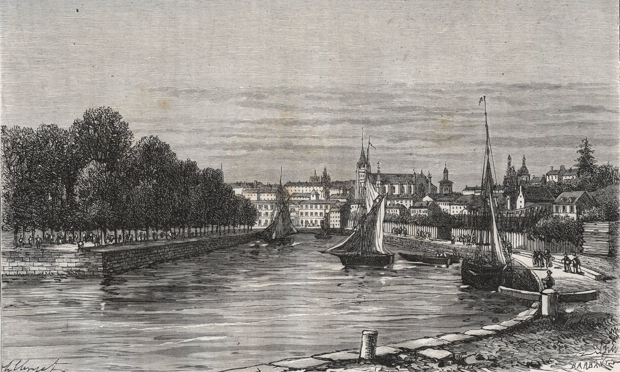 Le port de Vannes (Morbihan, Frankrig)// Vannes havn (Morbihan, Frankrig) - indgravering i "La France illustrée: geographie, histoire, administrationstatistique" af V.-A. Malt brun. 1884 af French School