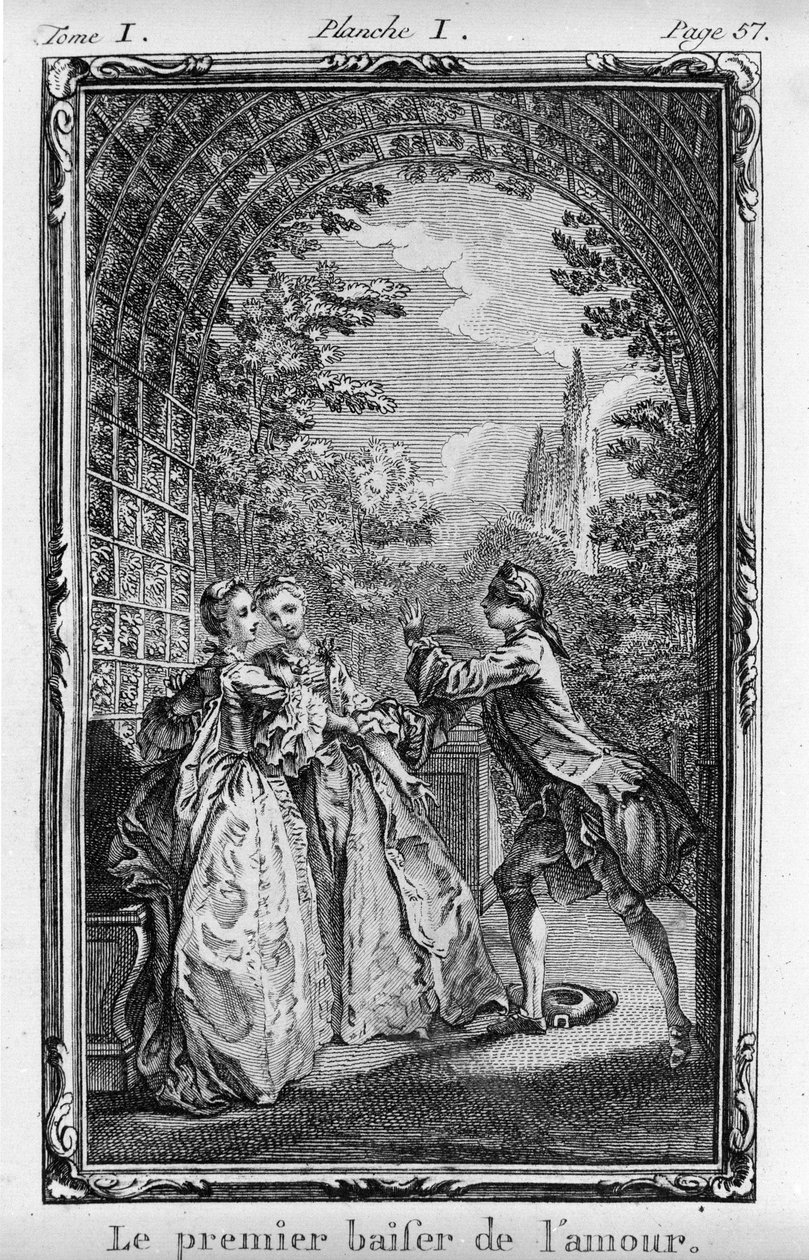 Kærlighedens første kys Illustration fra "Julie ou La Nouvelle Heloise" af Jean Jacques Rousseau (1712-1788) ed. 1769 af French School