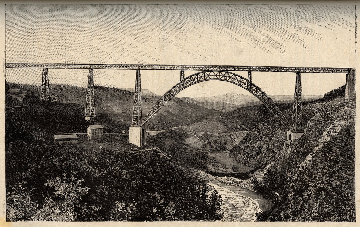 Garabit-viadukten - Cantal - Auvergne-Rhône-Alpes - indgravering i "" PATRIE" - PACUREQUIREQUE BESKRIVELSE AF FRANKRIG I 6 BIND AF LUCIEN HUARD - slutningen af ​​1800-tallet af French School