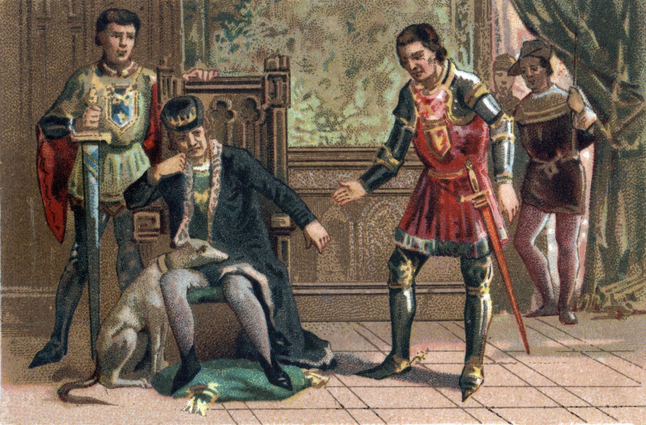 League of Public Good: Kong Ludvig XI møder Charles the Temeraire i Peronne, hertug af Bourgogne. Kromolitografi omkring 1890. af French School