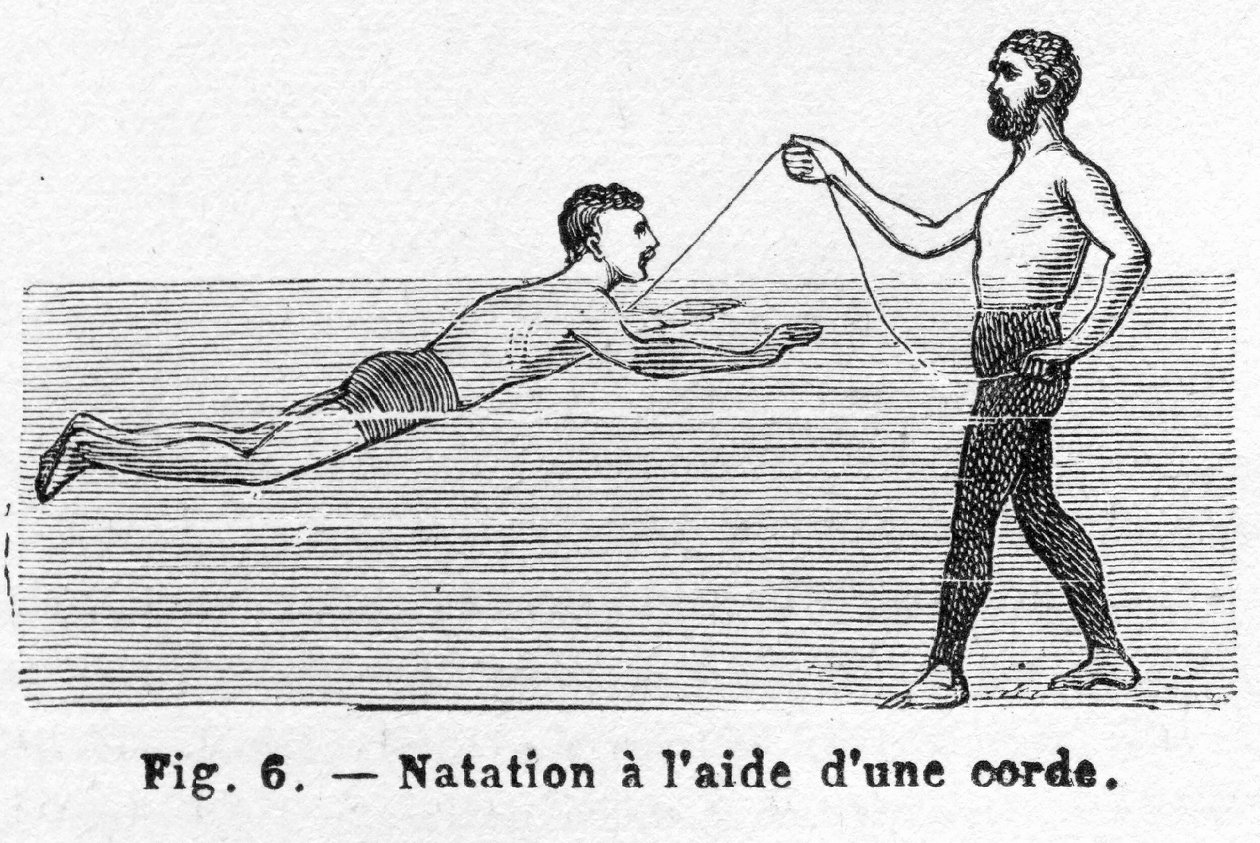 Lær at svømme ved hjælp af en ledning, pub. 1885 gravering, 1885. af French School