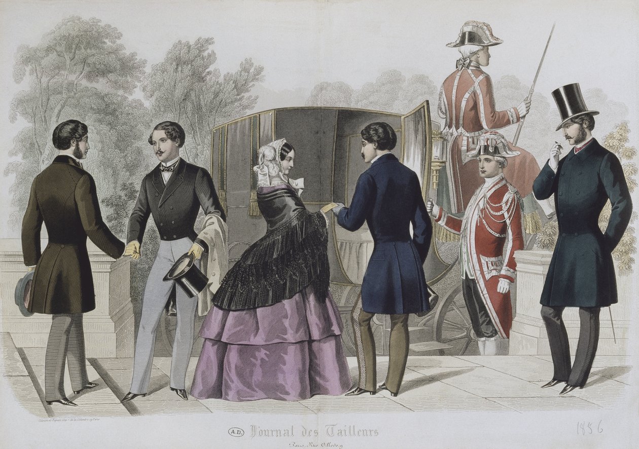 Afgang på en tur i en førerhus, illustration fra Le Journal des Tailleurs, 1856 (farvegravering) af French School