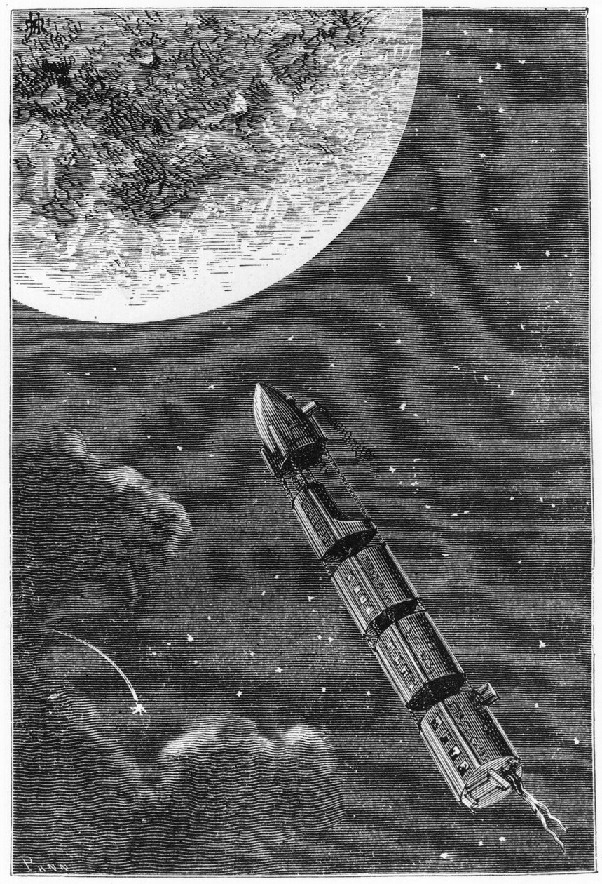 Leaving for the Moon, illustration fra From the Earth to the Moon af Jules Verne (1828-1905) Paris, Hetzel, udgivet i 1865 af French School