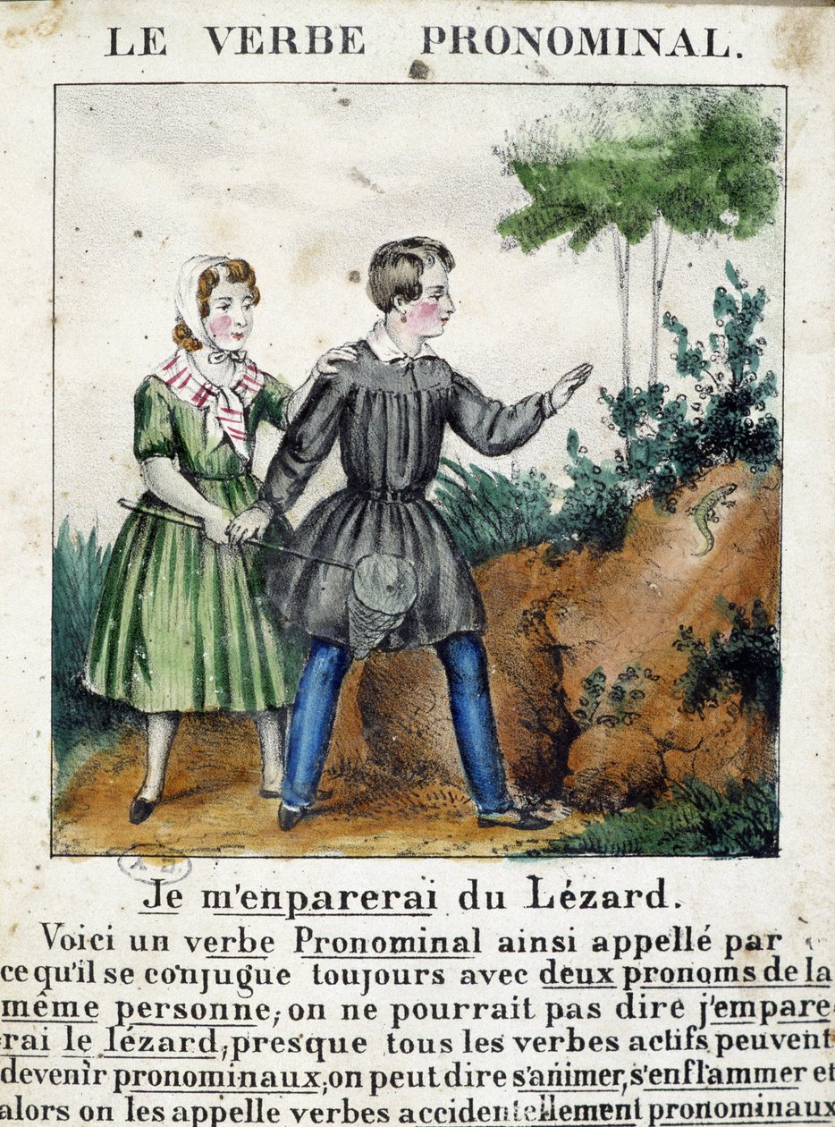 Lektion om pronominale verber. I ""La grammaire en images"", folderalbum, omkring 1850. af French School
