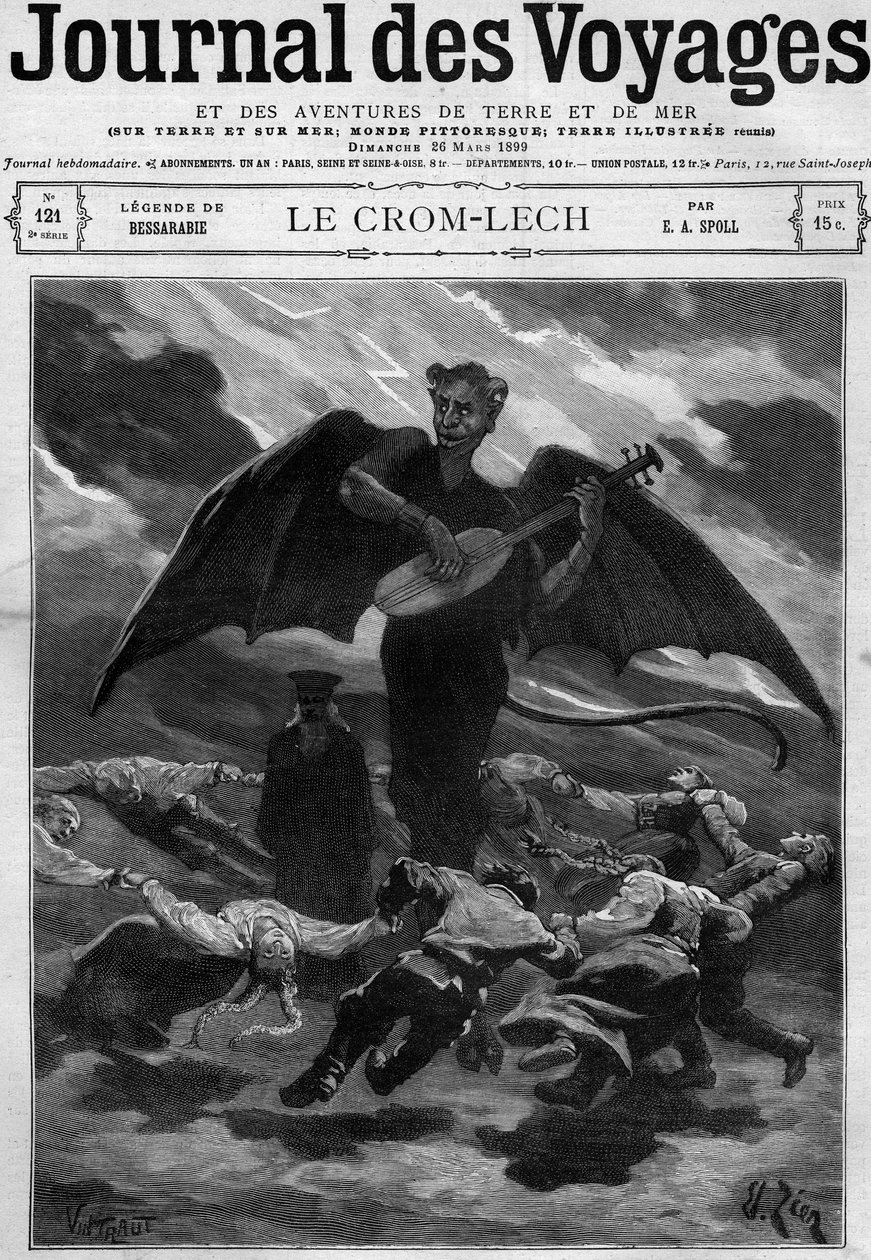 Legenden om Bessarabien (Østeuropa): Crom Lech (Crom-Lech). Satan, der spiller balalajka, træner dansere i en endeløs omgang. Indgravering i "" Journal des Voyages"" af 26. marts 1899. af French School