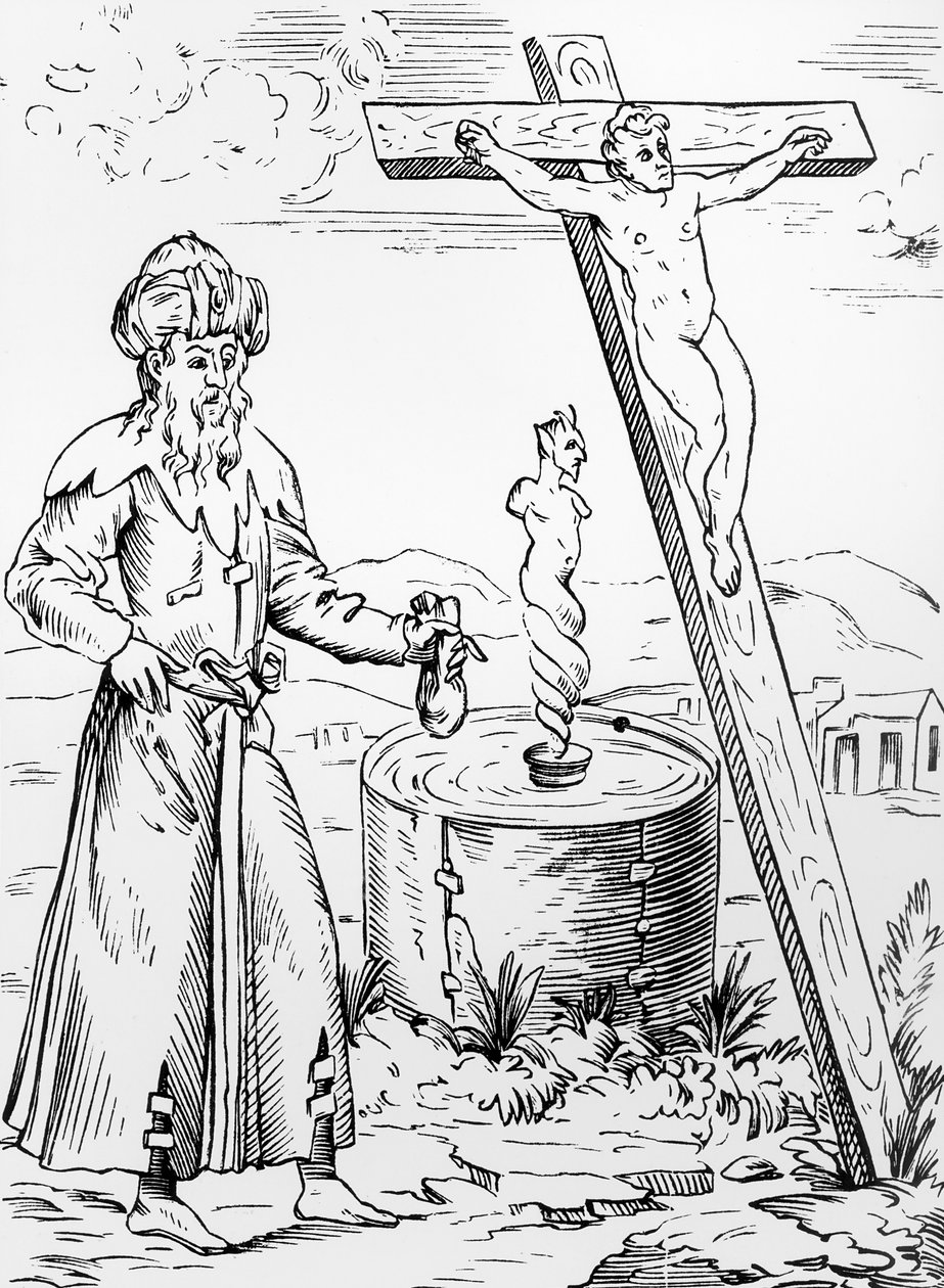 Legenden om jøden, der kalder djævelen fra et blodkar, efter et træsnit i Histoires Prodigieux af Pierre Boaistuau, udgivet 1560 af French School