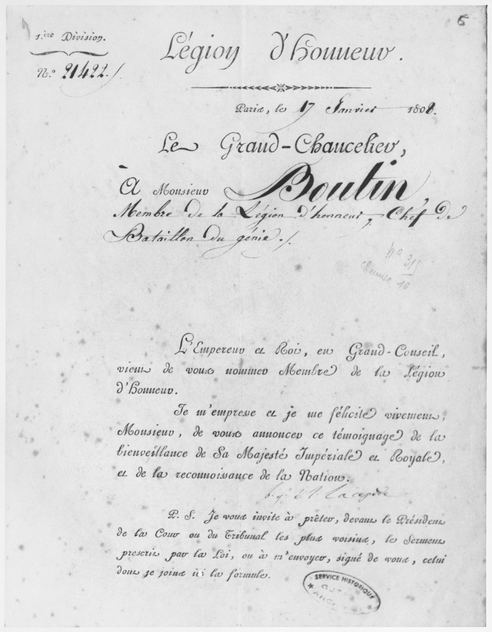 Æreslegion givet til oberst du Genie Boutin, 17. januar 1808 af French School