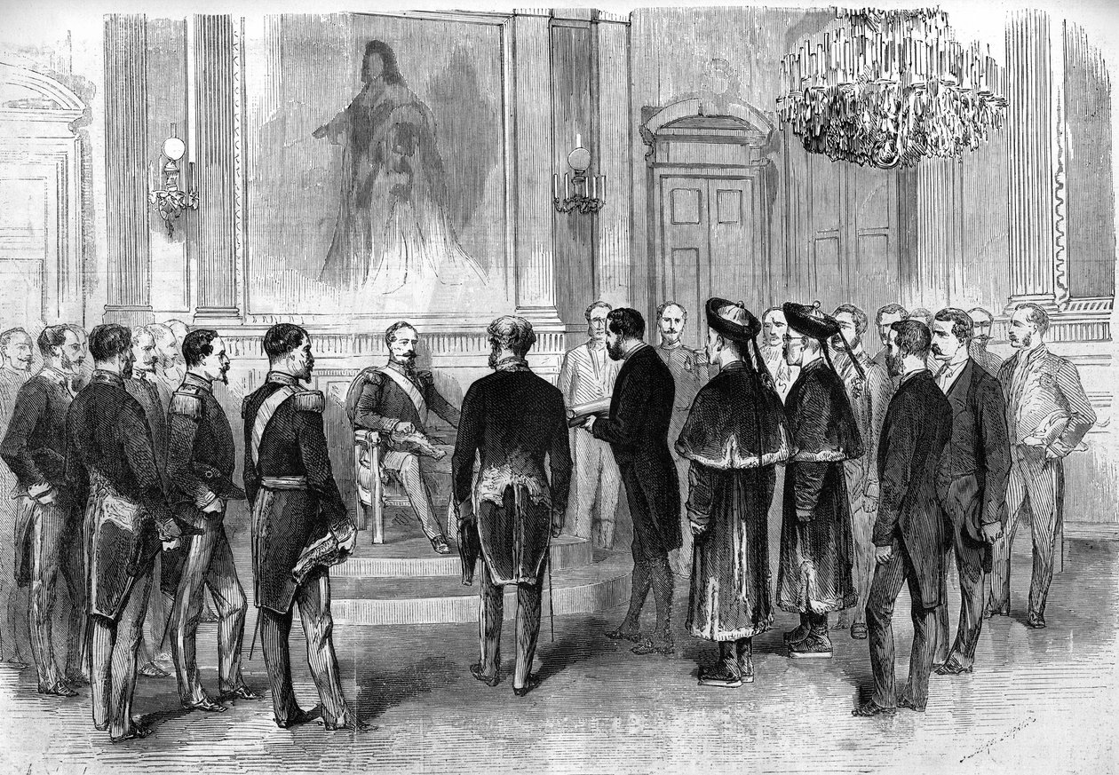 Kejser Napoleon III (1808-1873) modtager kinesiske ambassadører og deres tolke i Salon des Tuileries i Paris af French School