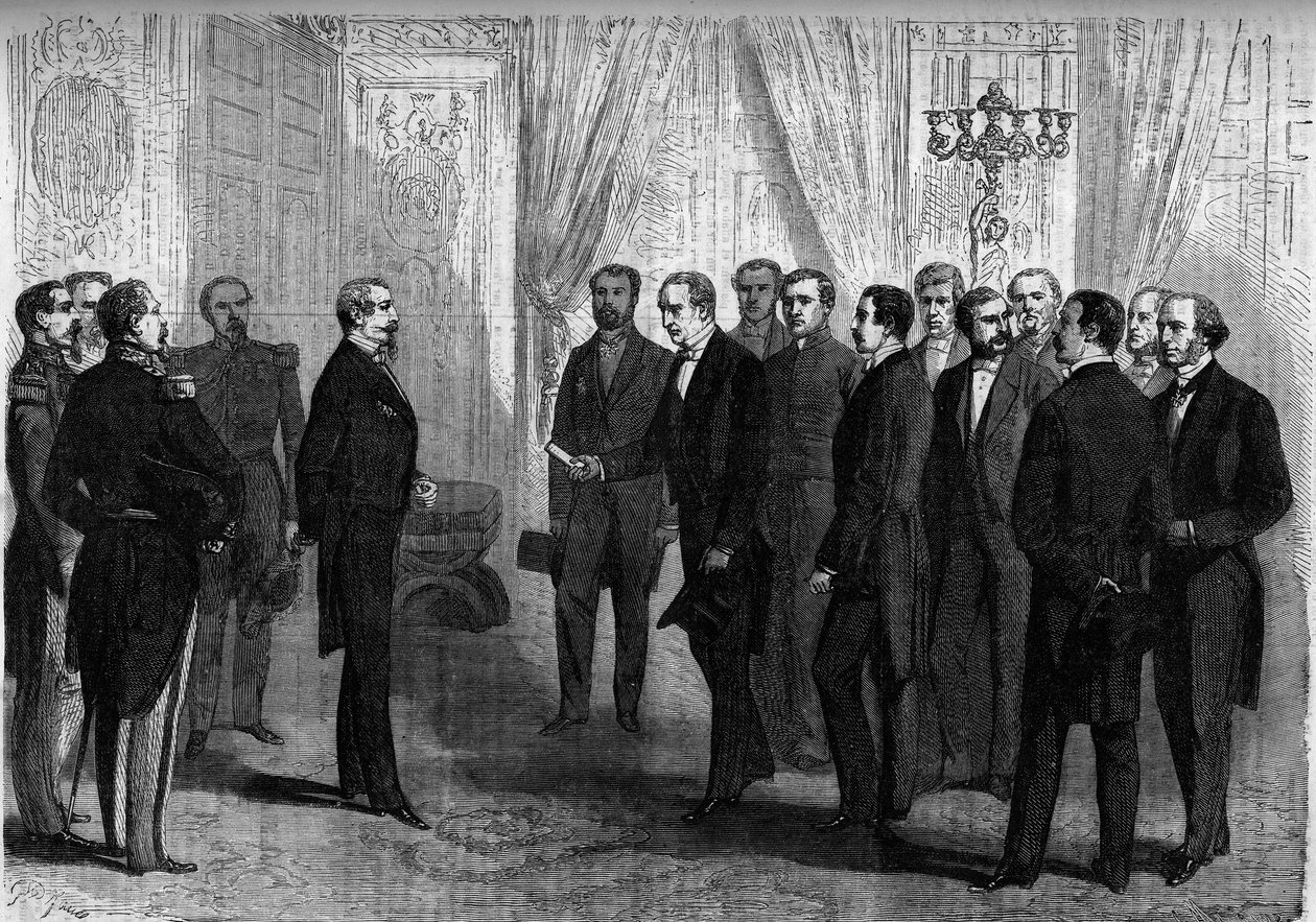 Kejser Napoleon III modtager i Tuilerierne den mexicanske delegation, der er ansvarlig for at tilbyde Mexicos krone til Prins Maximilian (Maximilian 1. af Mexico). Paris af French School
