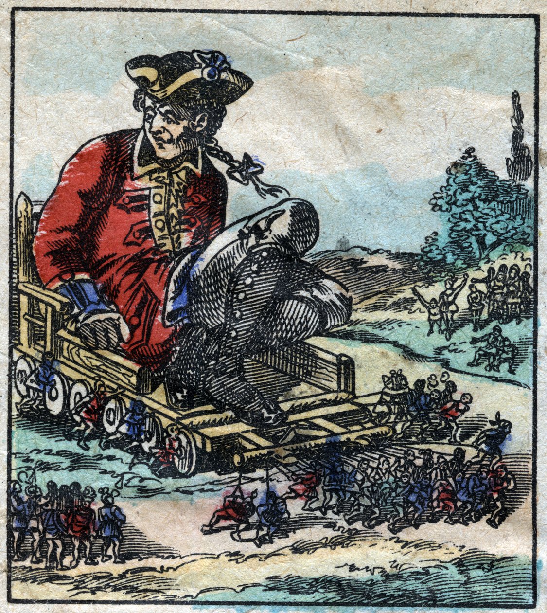 Lemuel Gulliver, en fange bliver transporteret på en vogn trukket af Lilliputianerne. Illustration til "" Gulliver