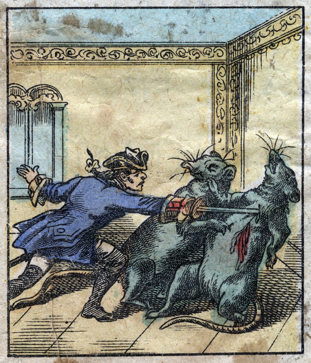 Lemuel Gulliver bekæmper rotter i giganternes land i Brobdingnag. Illustration til "" Gulliver