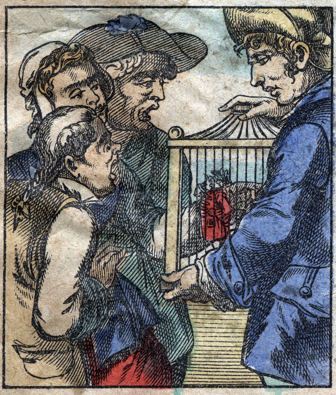 Lemuel Gulliver, i et bur er vist til giganterne i Brobdingnag. Illustration til "" Gulliver