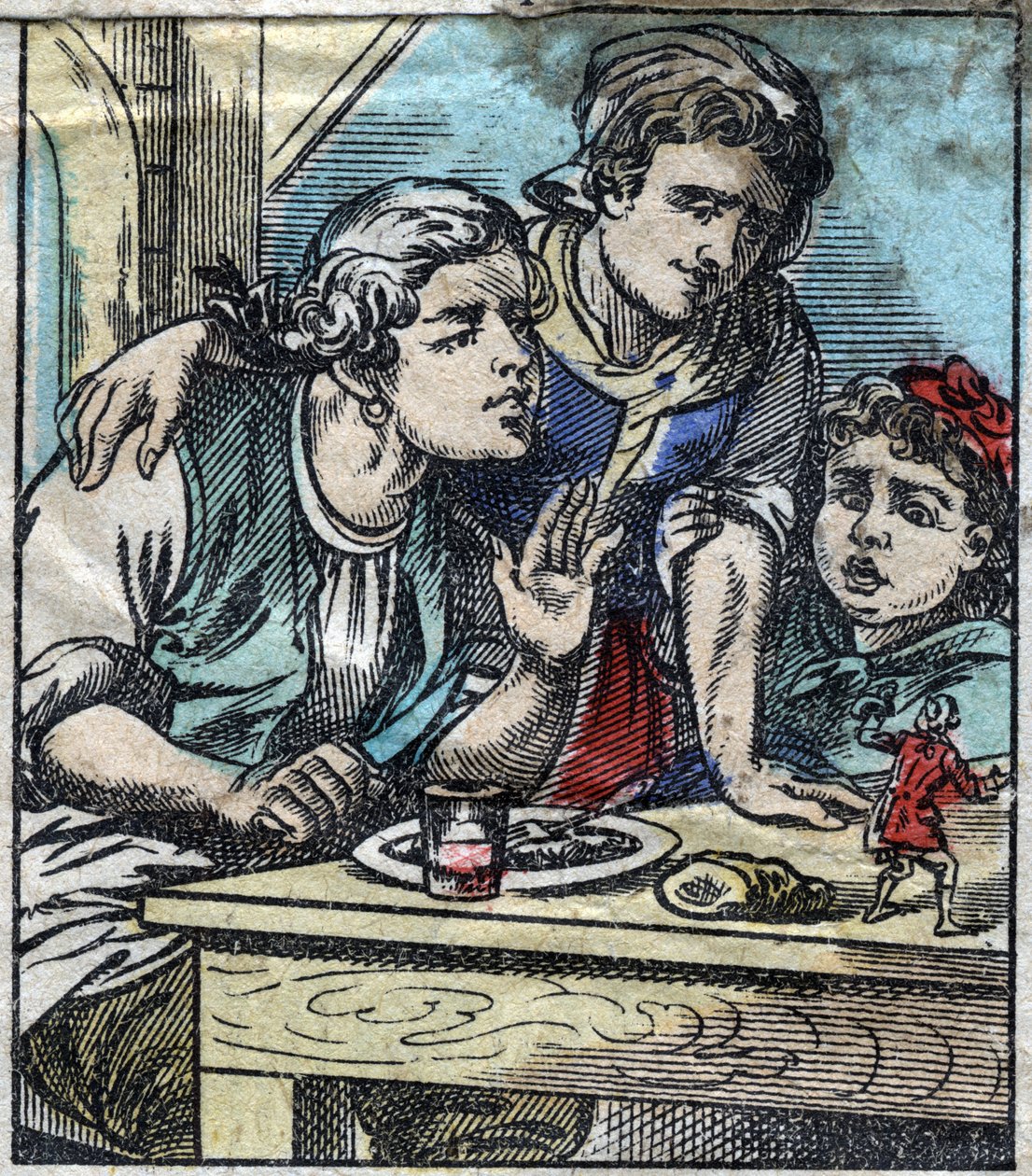 Lemuel Gulliver på Glumdalclitch-familiens bord i Brobdingnags giganters land. Illustration til "" Gulliver