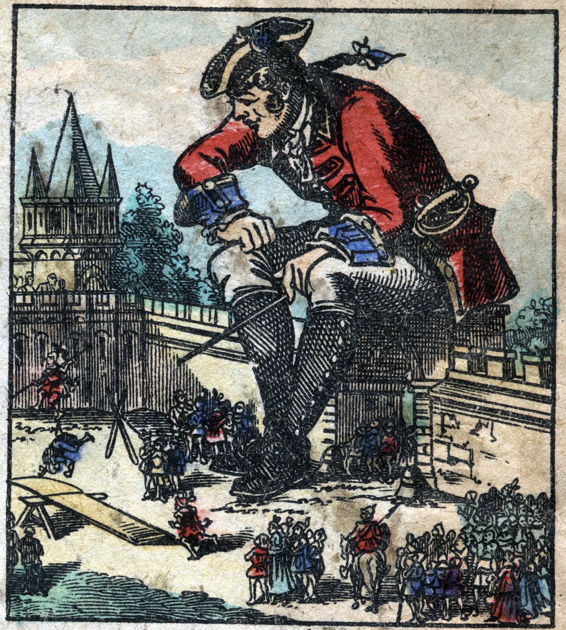 Lemuel Gulliver, der sidder på byens befæstningsmur, forklarer strategien for den lilliputske hær. Illustration til "" Gulliver
