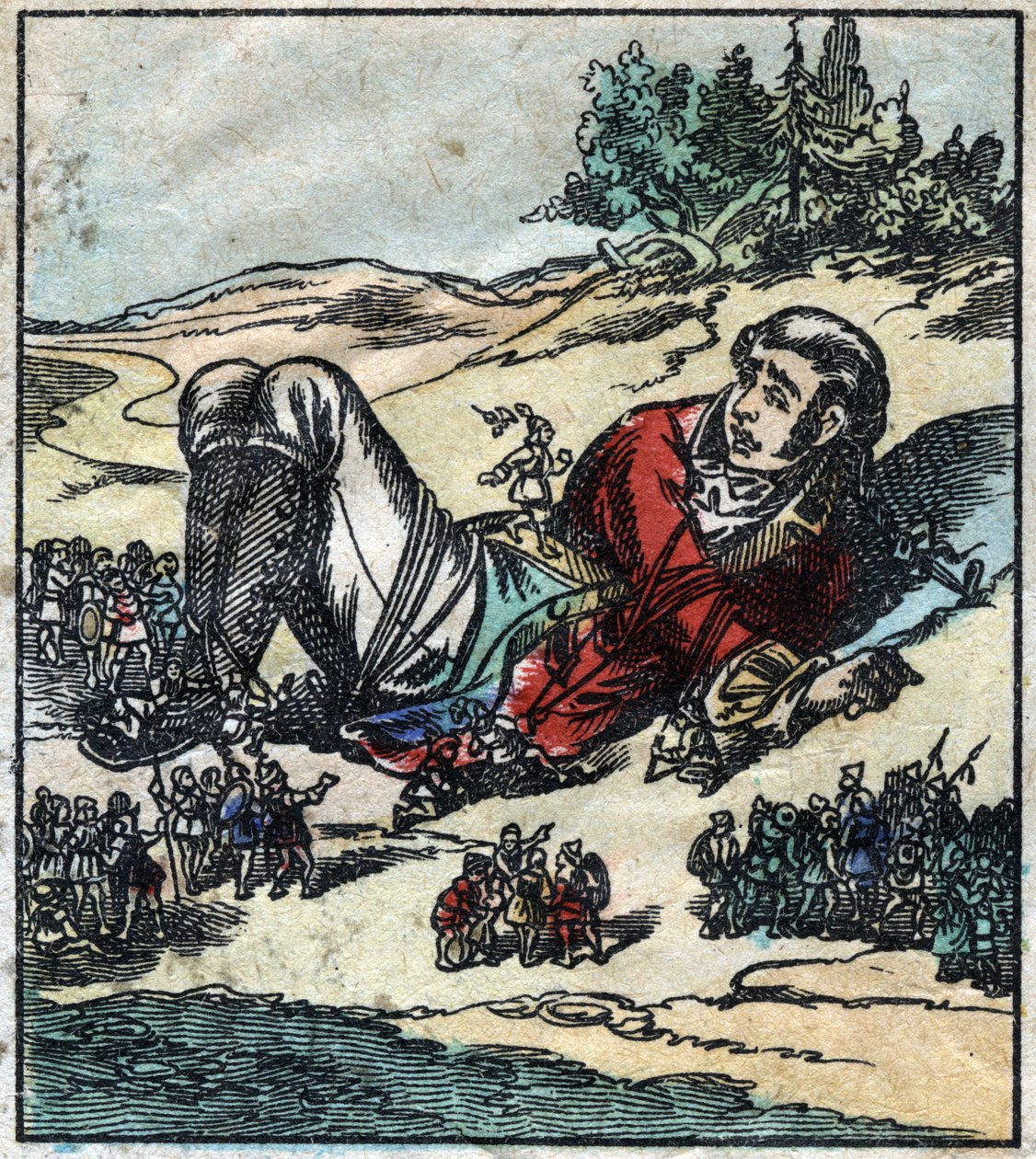 Lemuel Gulliver vågnede op efter sit skibbrud og blev taget til fange af Lilliputianerne. Illustration til "" Gulliver