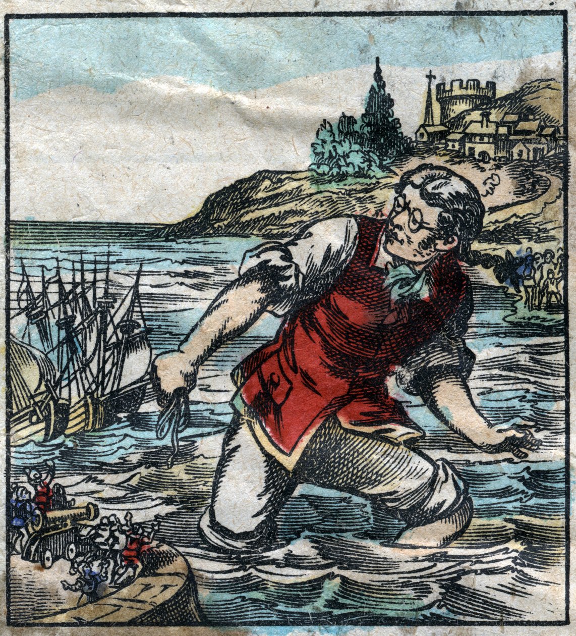 Lemuel Gullliver affyrede skibene fra Blefuscu-hæren til hovedstadshavnen Lilliput. Illustration til "" Gulliver