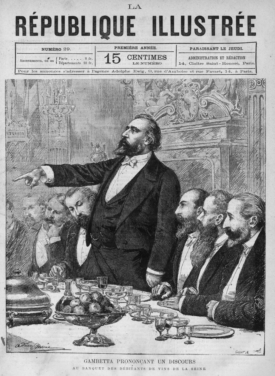 Leon Gambetta (1838-1882) holder en tale ved banketten for vinafbiterne på Seinen. En avis. Indgravering fra 1880 i "La republique illustree"" privatsamling. af French School