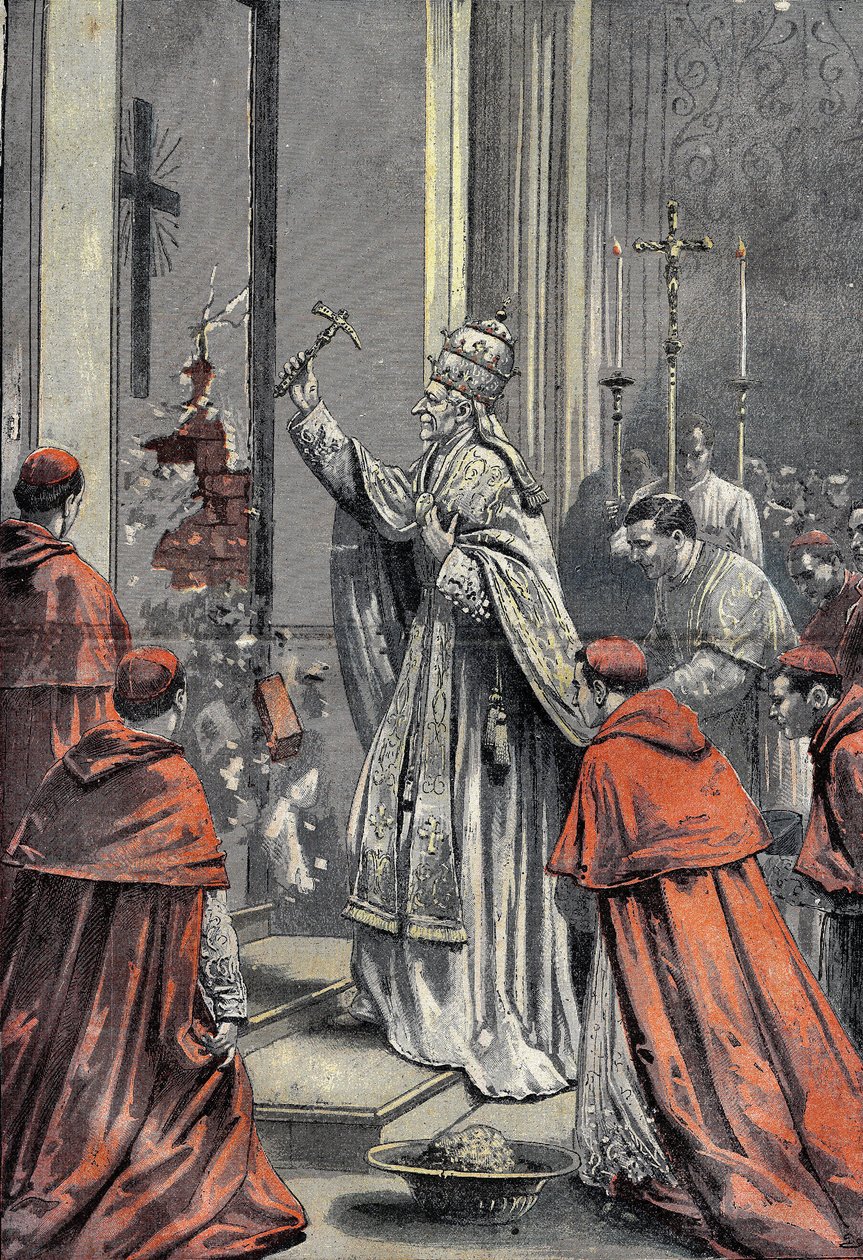 Leon XIII, ne Vincenzo Gioacchino Raffaele Luigi Pecci (1810-1903), den katolske kirkes 256. pave, våben af en guldhammer, åbner døren til jubilæet i St. Peter (St. Peter) i Vatikanet den 24. december 1899. Indgravering i "" Le Pelerin 31/12/1899. af French School