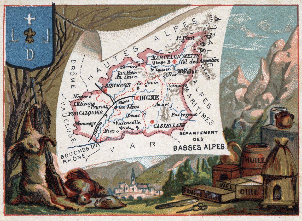 Les Basse Alpes (Basse-Alpes), i dag afdeling af Alpes-de-Haute-Provence (Alpes de Haute-Provence 04), Frankrig. Lokal specialitet: jagt, voks, honning, tørret frugt og olie. Serie om de franske departementer. Chromolithography (Chromo) "" den geografiske af French School