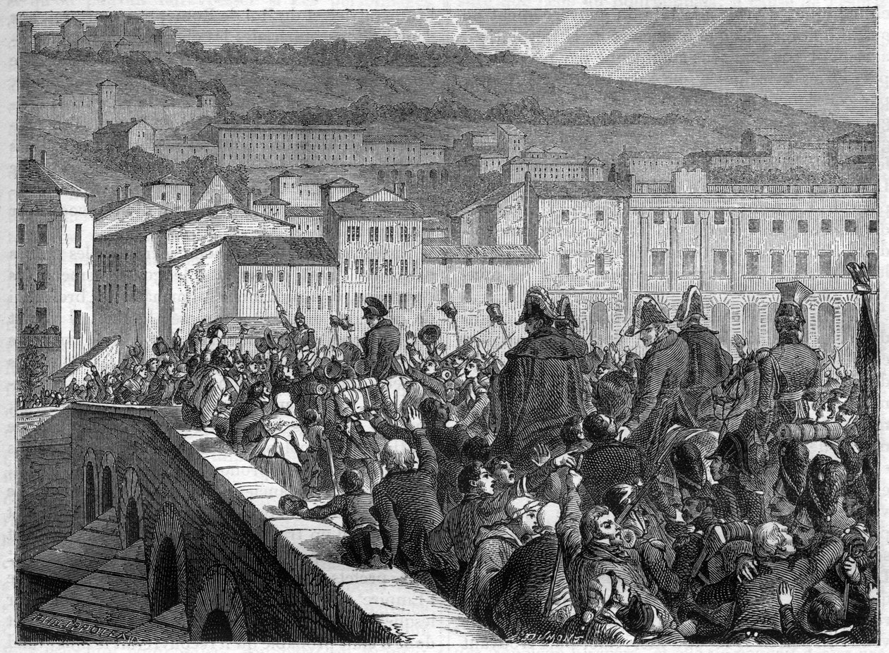 De hundrede dage: Napoleons triumferindtog til Lyon den 10. marts 1815 - i "Imperiets historie efter konsulatets historie" af Adolphe Thiers - 1879 - privat samling af French School