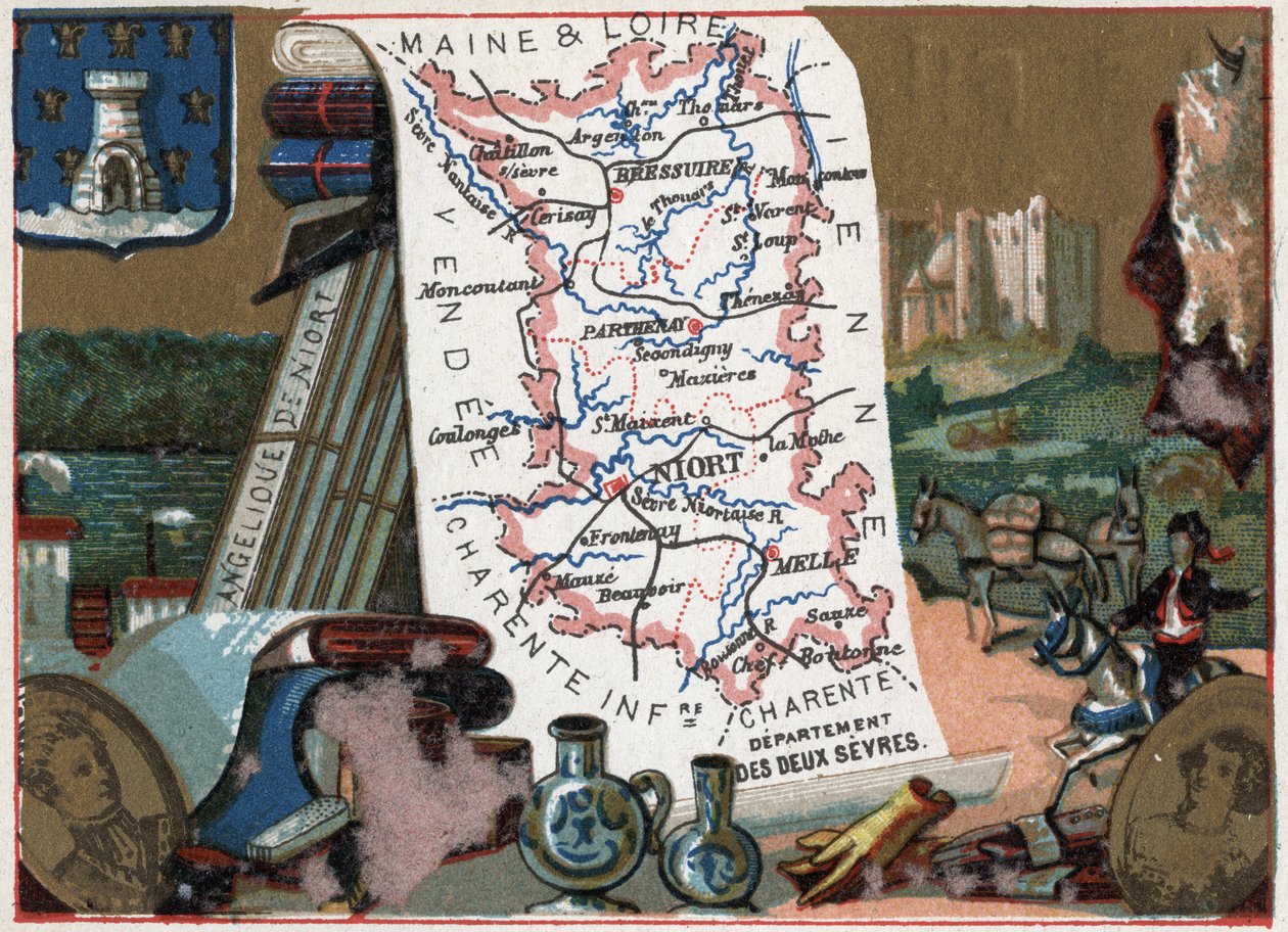 Les Deux Sevres (Deux-Sevres, 79), Poitou Charente (Poitou-Charente), Frankrig. Niorts engle. Serie om de franske departementer. Chromolithography (Chromo) "" den geografiske tråd"", ca. 1920. Privat samling. af French School