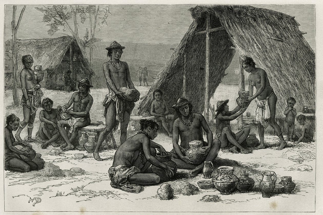 Les Indiens Galibis (eller Kalinas) fremstiller keramik, gravering af D.Maillart, for at illustrere udforskningsrejsen i det indre af Guyana af Dr. Jules Crevaux, læge ved den franske flåde, i 1876-1877, offentliggjort i tour du monde , under ledelse o af French School