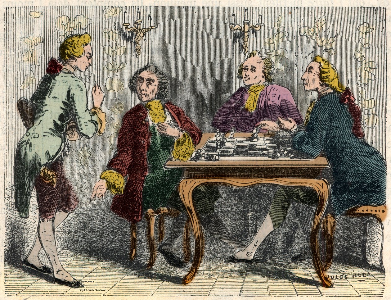 Skakspillerne fra cafeen Procope i Paris i det 18. århundrede - Indgravering i "Tableau-de-Paris"" af Edmond Texier 1852 af French School