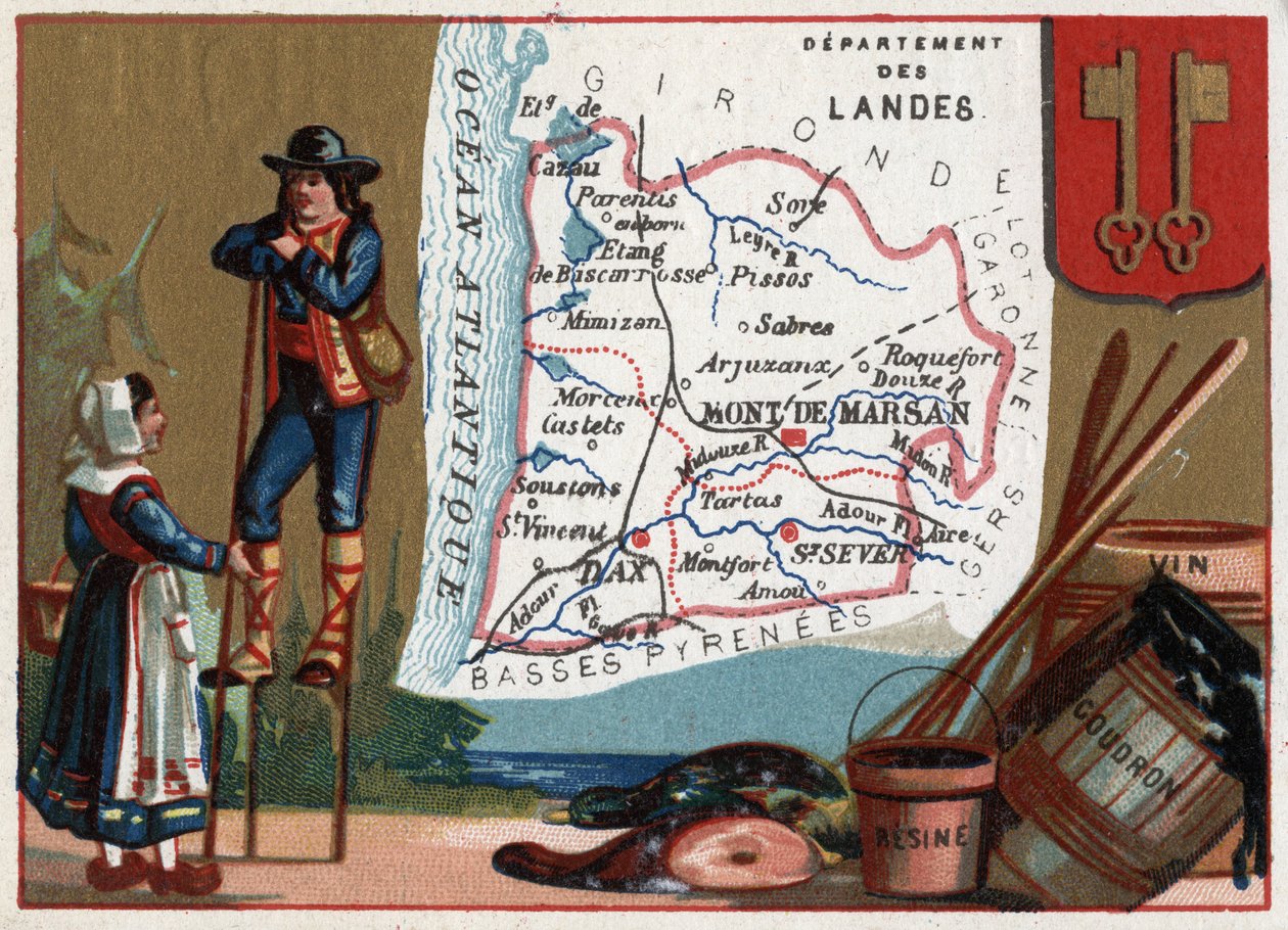 Les Landes (40), Aquitaine, Frankrig. Serie om de franske departementer. Lokal specialitet: tjære og vinharpiks. Landes hyrde. Chromolithography (Chromo) "" den geografiske tråd"", ca. 1920. Privat samling. af French School