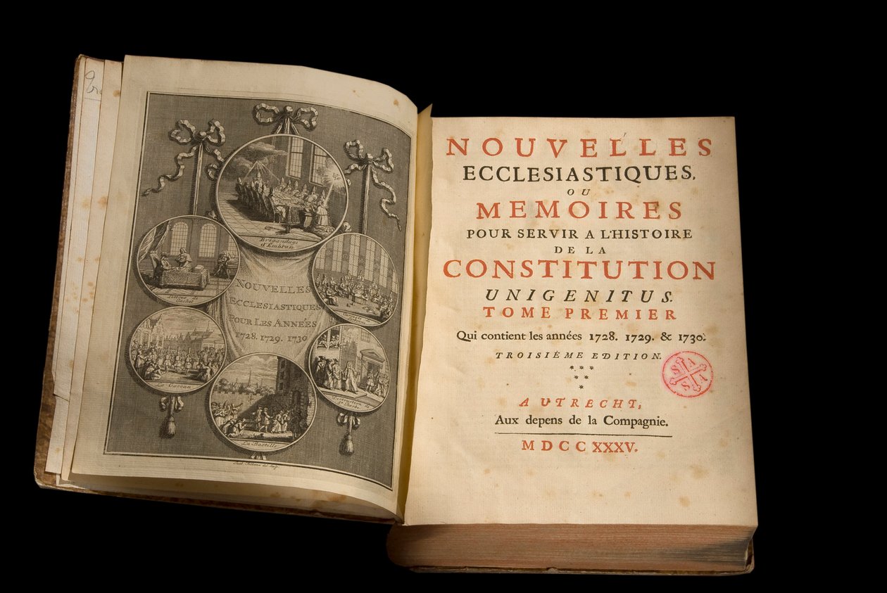 Kirkelige nyheder eller erindringer for at tjene historien om forfatningen Unigenitus udgivelse ugentlig fransk jansenist. 1735. Bibliotek i Port-Royal. Paris. af French School